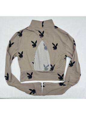 Playboy Beige Black Mock Neck Long Sleeve Crop Top Open Back Sz S